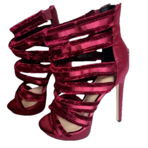 Festive Burgundy Strappy Suede Velvet Platform Stiletto Heels JustFab - Picture 6 of 11